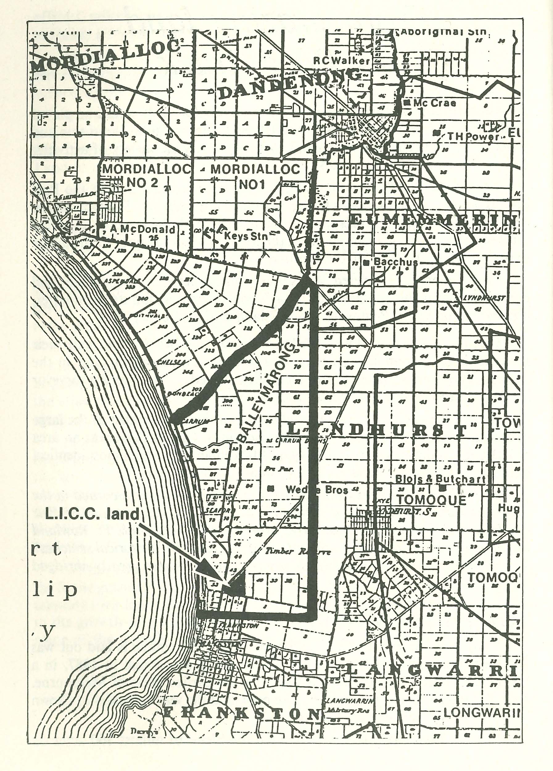 Cadastral map of the Ballymarong run between Aspendale and Frankston, showing the future LICC land