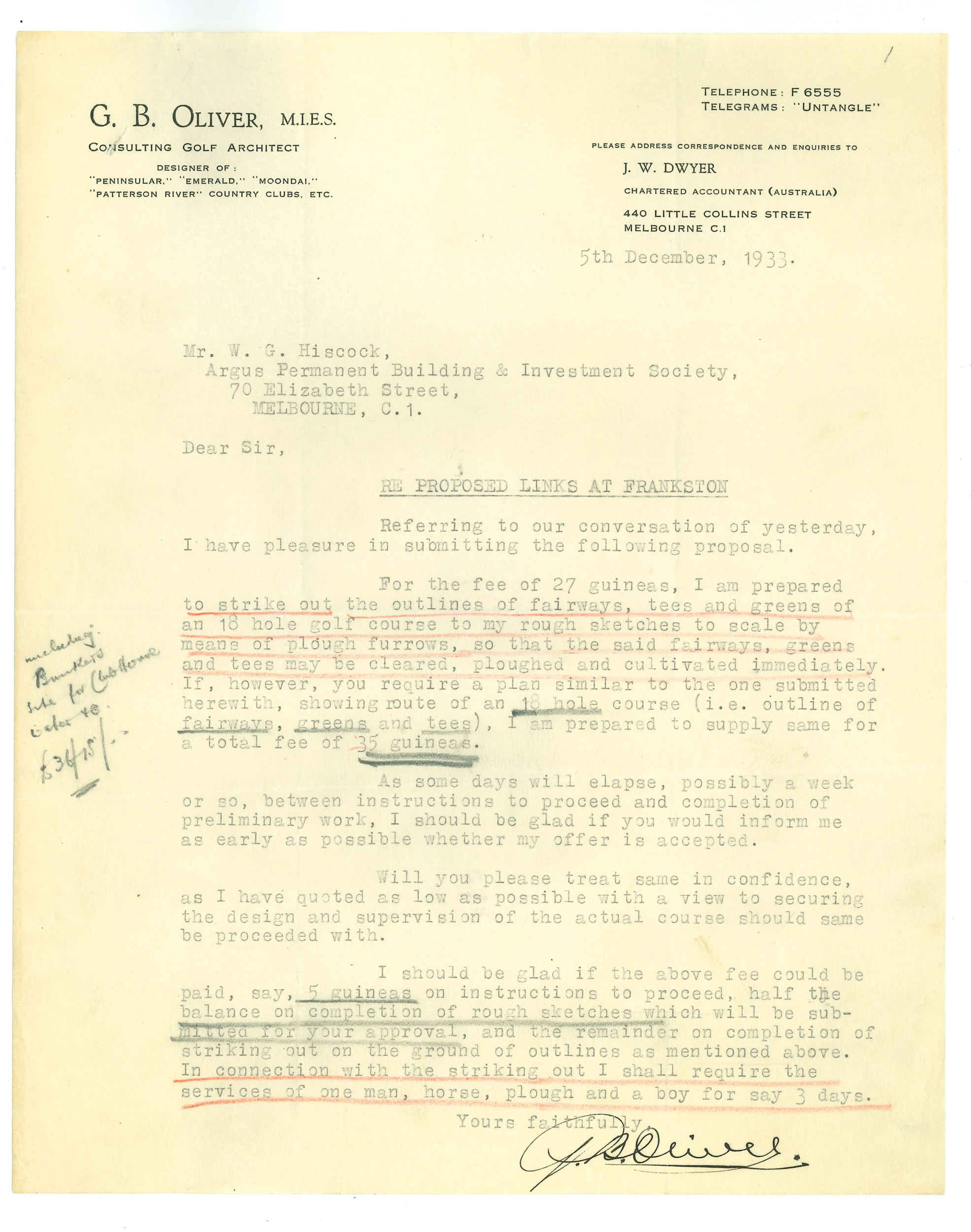 Oliver's original quote of works for laying out the course, December 1933