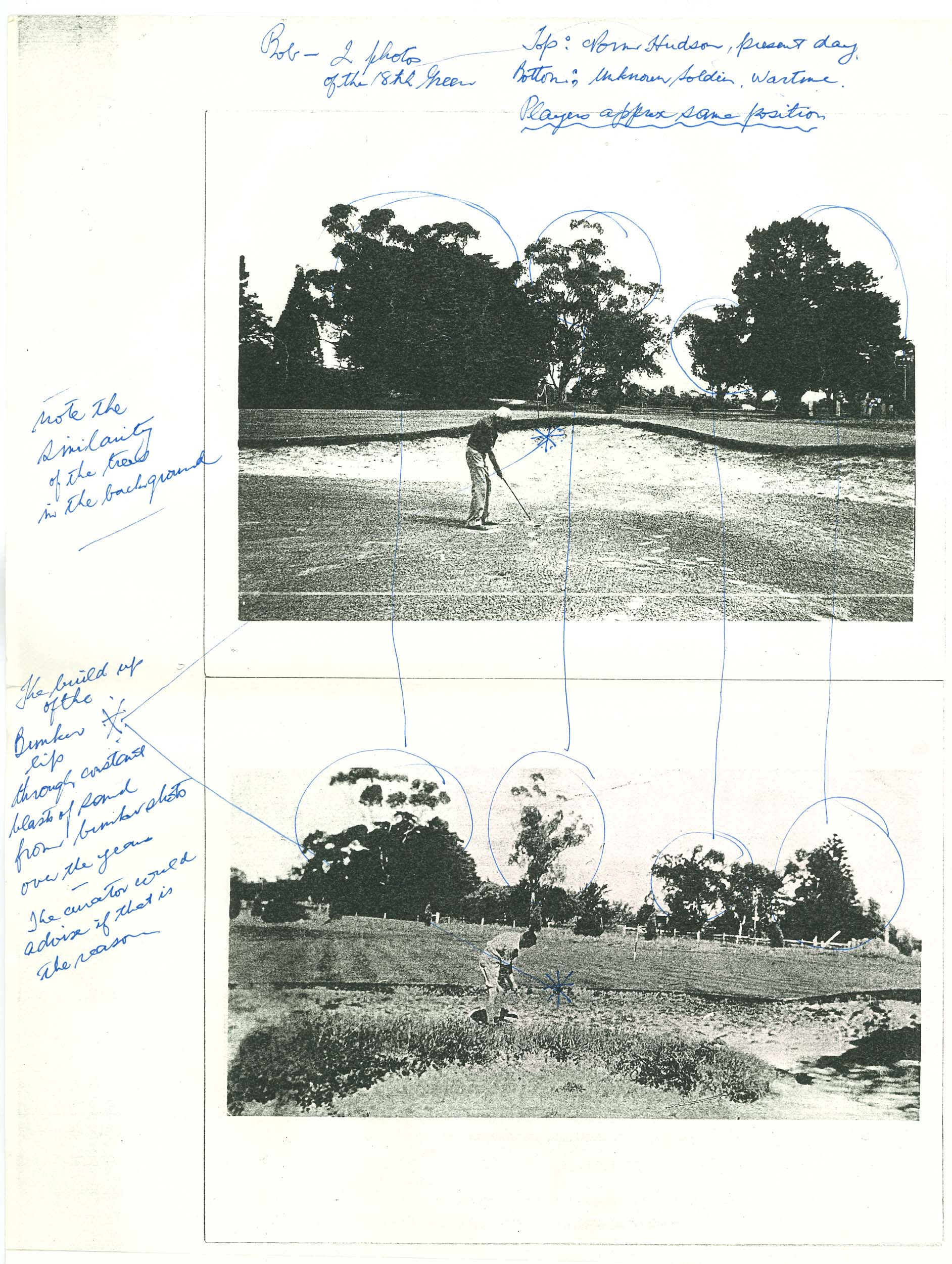 Two photographs comparing the 18th hole before and after the war years, with handwritten annotations