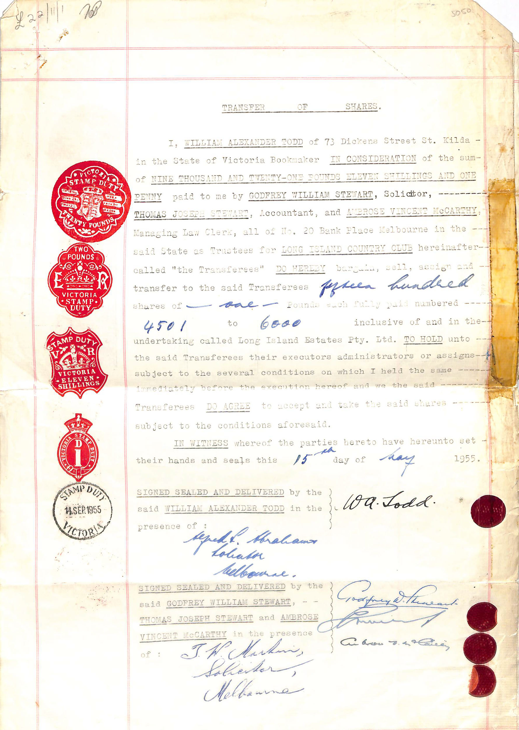 The original Transfer of Shares document, sealed and signed, dated May 1955